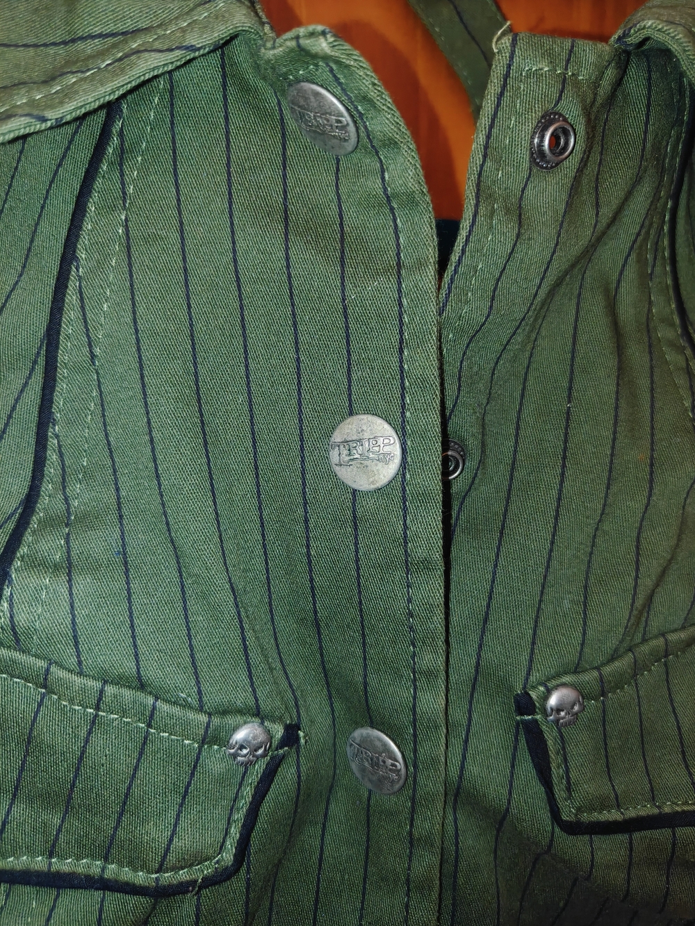 Tripp NYC Vintage Military Style Goth Olive Green Pinstripe Halter Tank - Picture 2 of 6